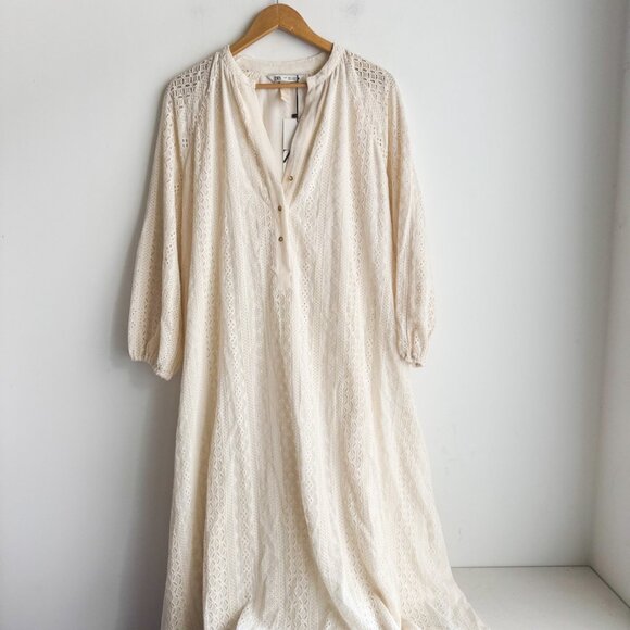 Zara Eyelet Detail Long Sleeve Midi Maxi Dress S - Picture 2 of 9